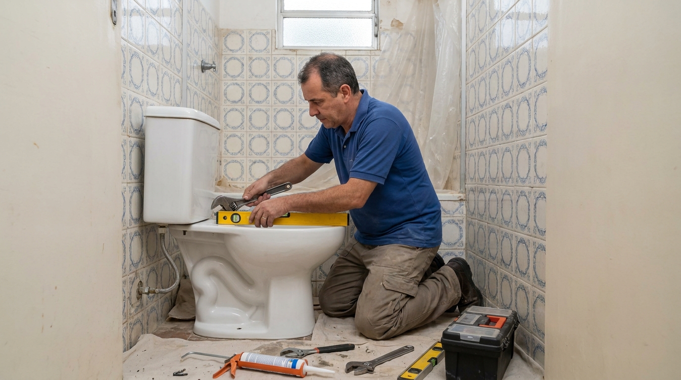 Técnico instalando vaso sanitário em Araraquara‑SP